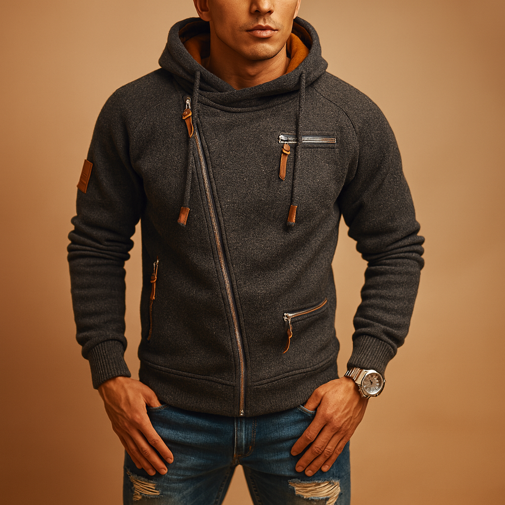 Stylish hooded cardigan for men with front pockets and soft warm fabric, ideal for autumn and winter casual wear.