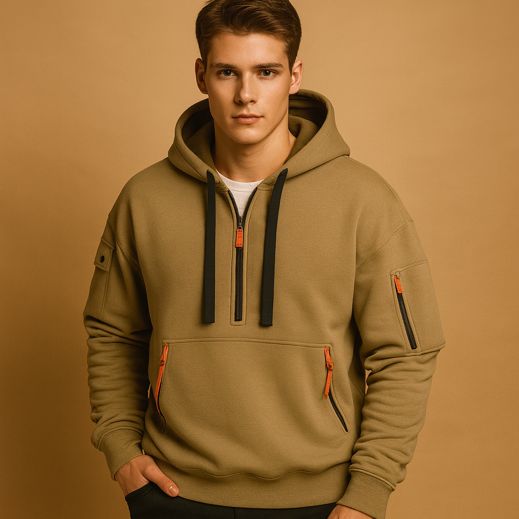 Modern hooded sweatshirt for men with a comfortable fit, available in khaki, black, grey, and navy, perfect for casual and sporty looks.