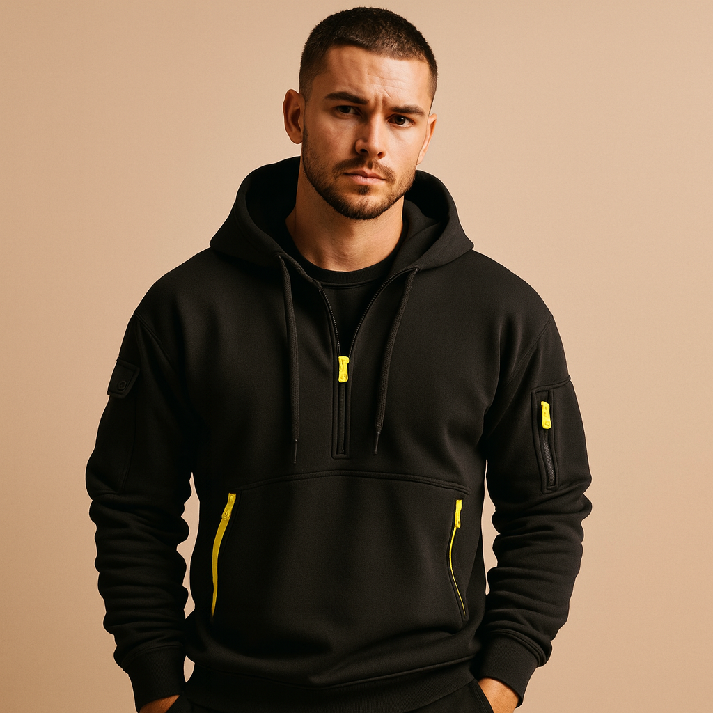 Modern hooded sweatshirt for men with a comfortable fit, available in khaki, black, grey, and navy, perfect for casual and sporty looks.