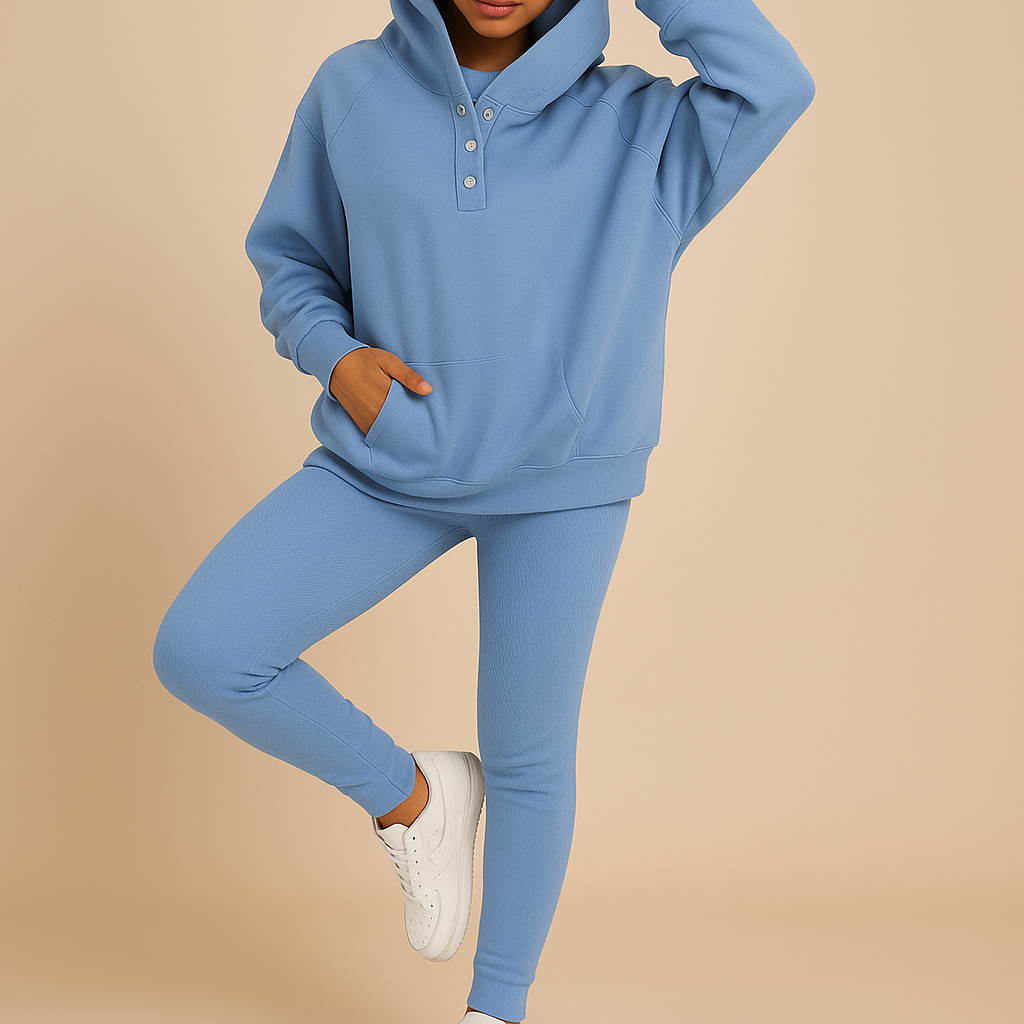 Women’s hoodie and jogger set with relaxed fit, perfect for lounging at home or casual outdoor wear in cooler seasons.
