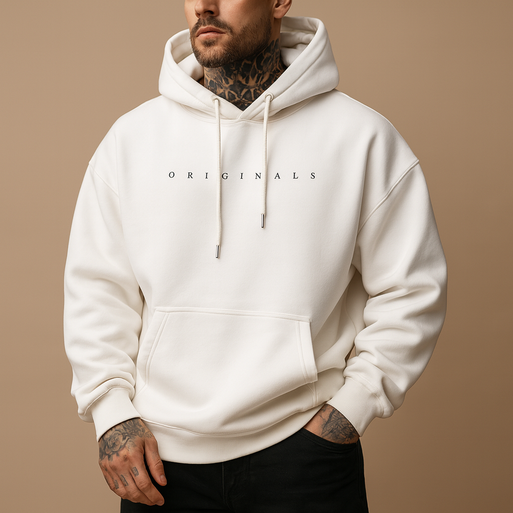Men’s modern hoodie with hood in black, white, or yellow, designed for comfort and warmth during autumn and winter casual or sporty looks.