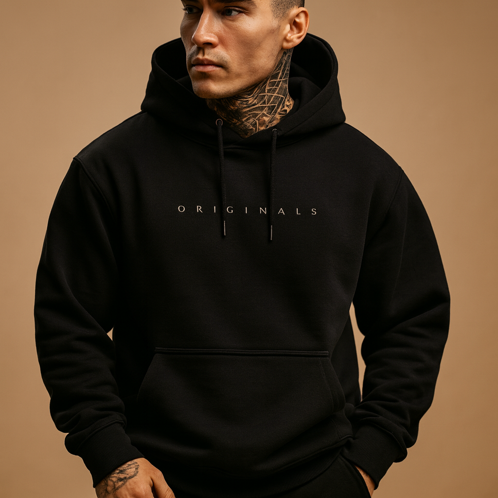 Men’s modern hoodie with hood in black, white, or yellow, designed for comfort and warmth during autumn and winter casual or sporty looks.