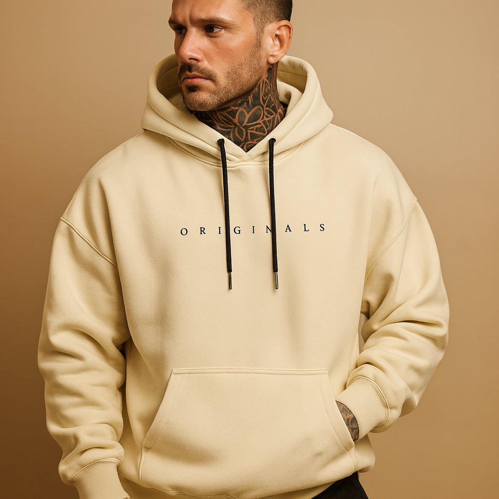 Men’s modern hoodie with hood in black, white, or yellow, designed for comfort and warmth during autumn and winter casual or sporty looks.