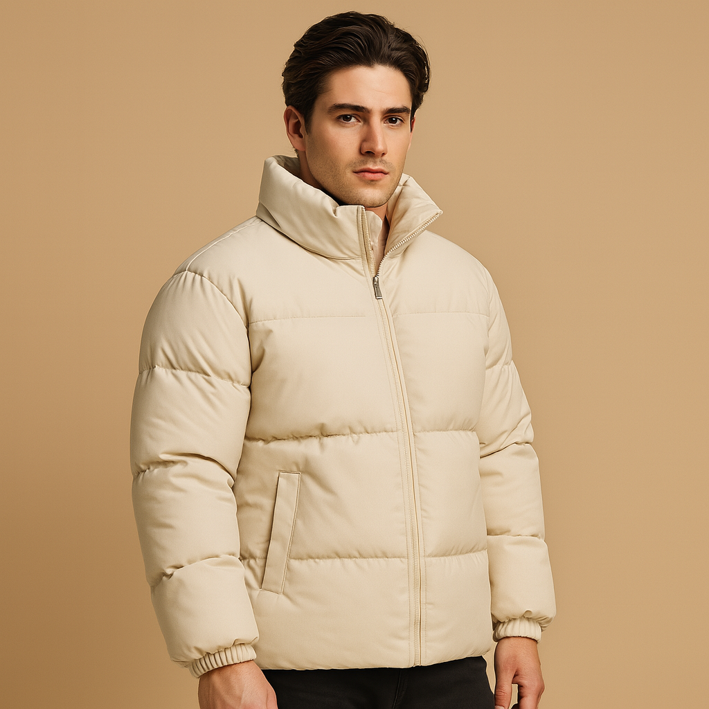 Men’s insulated winter coat with high collar, premium warmth, and sleek design. Ideal for cold days, daily wear, and stylish evenings.