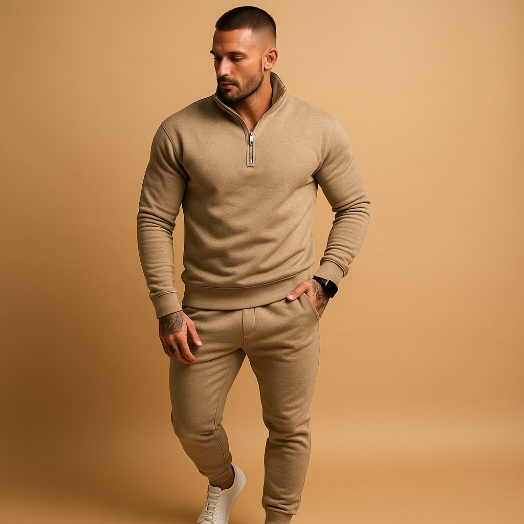 Men’s jogging set with half zip sweatshirt and jogger pants, soft and comfortable fabric, available in khaki, grey, black, and white, perfect for casual or sporty wear.
