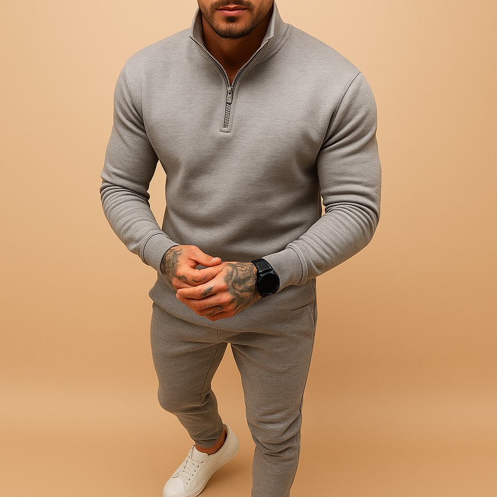 Men’s jogging set with half zip sweatshirt and jogger pants, soft and comfortable fabric, available in khaki, grey, black, and white, perfect for casual or sporty wear.