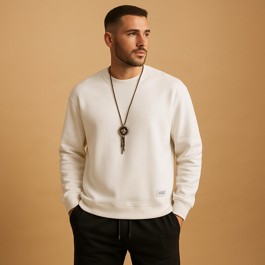 Modern men’s jogging tracksuit with sweater and jogger jeans, offering a relaxed fit for leisure, casual outings, and everyday comfort.