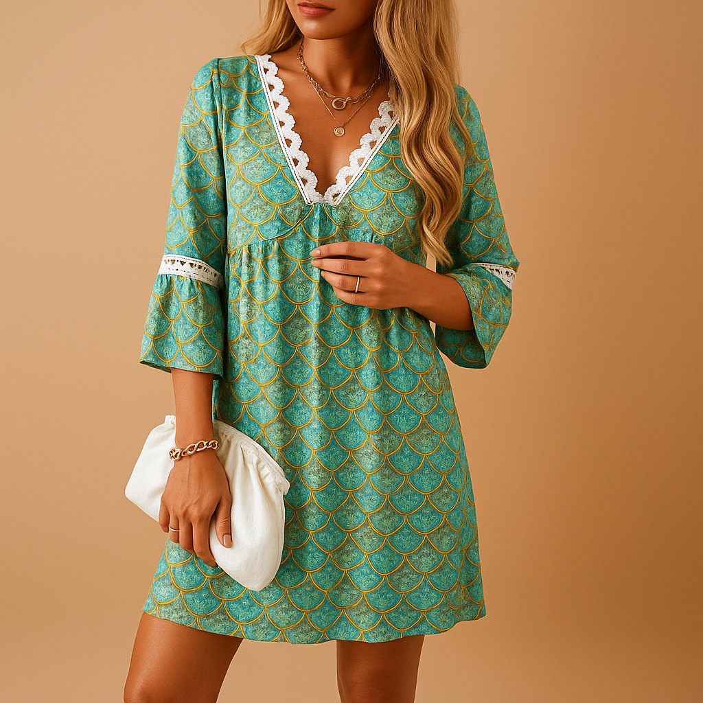 Knee-length summer dress for women with short sleeves and vibrant prints, perfect for warm weather, casual outings, and summer parties.