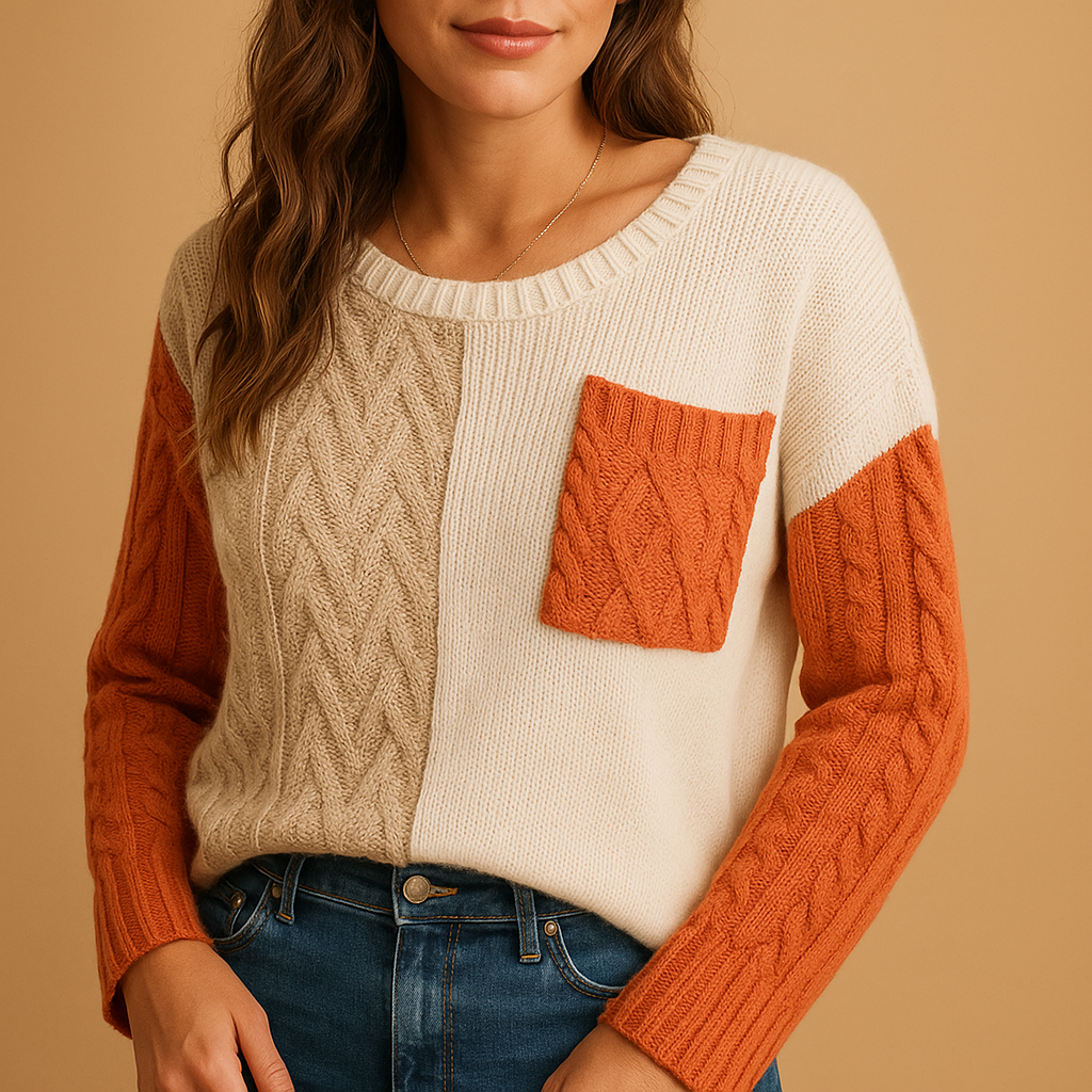 Women’s knit sweater with cable pattern, dropped shoulders, and pocket detail. Relaxed fit, versatile style, perfect for casual or cozy outfits.