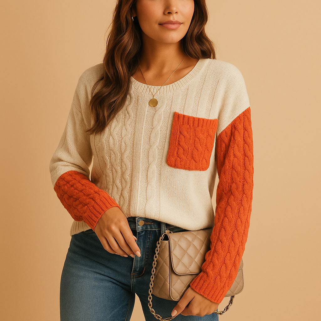 Women’s knit sweater with cable pattern, dropped shoulders, and pocket detail. Relaxed fit, versatile style, perfect for casual or cozy outfits.