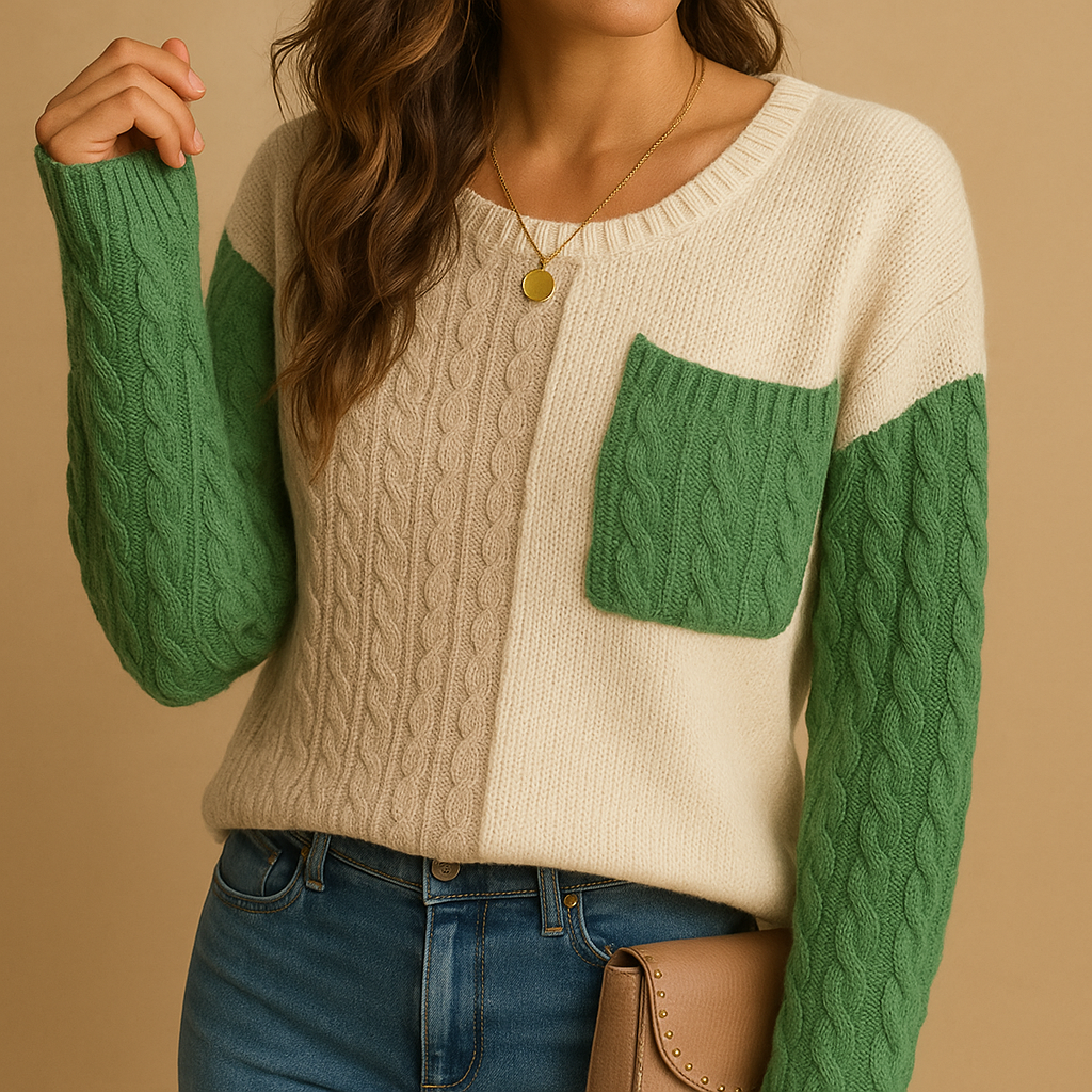 Women’s knit sweater with cable pattern, dropped shoulders, and pocket detail. Relaxed fit, versatile style, perfect for casual or cozy outfits.