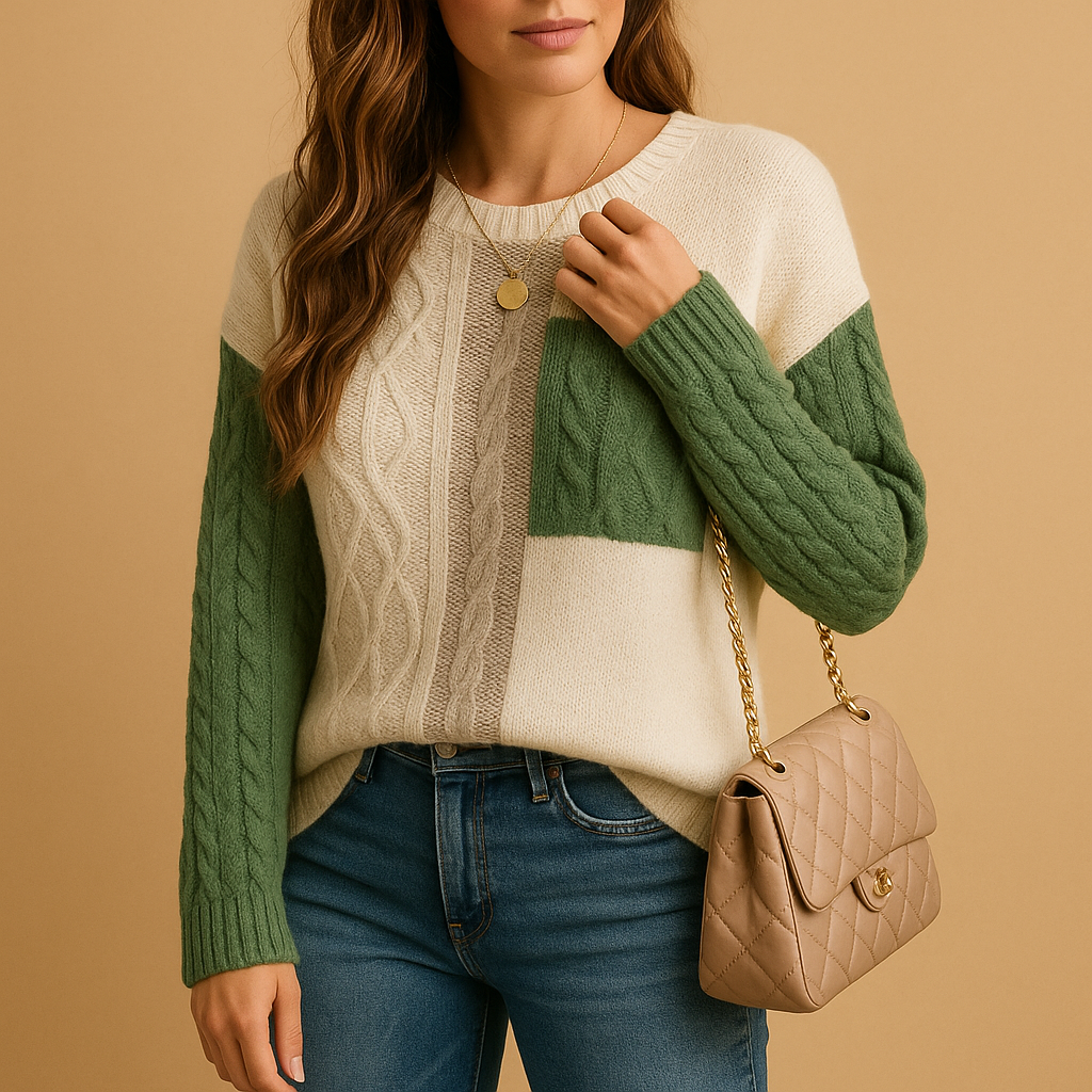 Women’s knit sweater with cable pattern, dropped shoulders, and pocket detail. Relaxed fit, versatile style, perfect for casual or cozy outfits.
