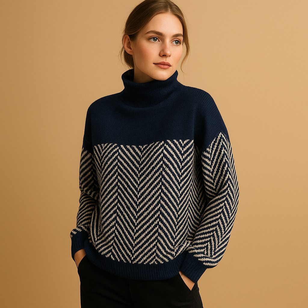 Women’s knit sweater with unique herringbone pattern and high neckline, relaxed fit, soft design, perfect for layering or casual outfits.
