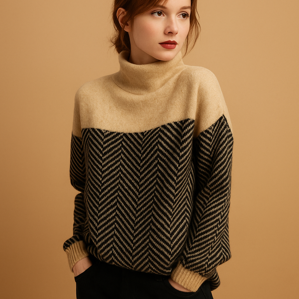 Women’s knit sweater with unique herringbone pattern and high neckline, relaxed fit, soft design, perfect for layering or casual outfits.