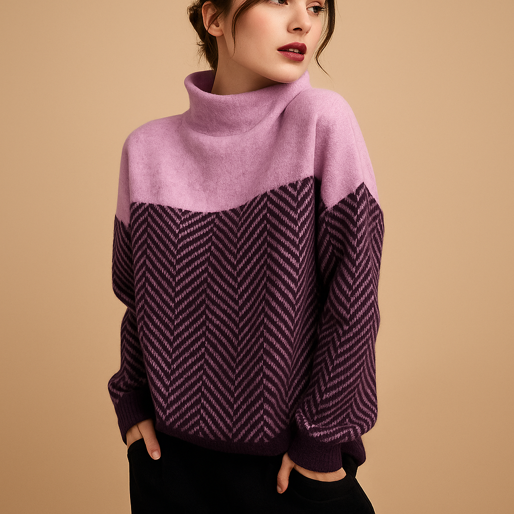 Women’s knit sweater with unique herringbone pattern and high neckline, relaxed fit, soft design, perfect for layering or casual outfits.