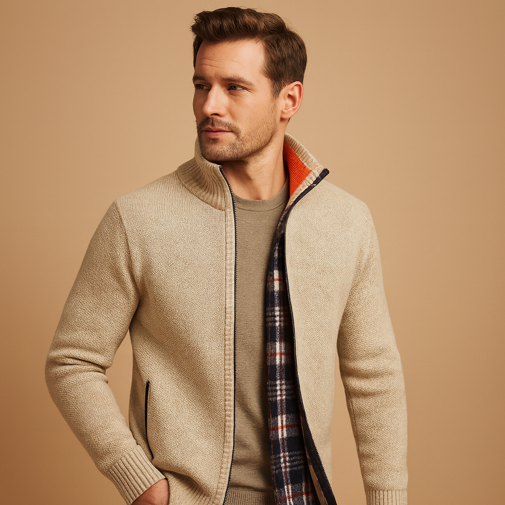 Men’s knitted cable jumper with checked inner lining, perfect for stylish warmth during autumn and winter days.