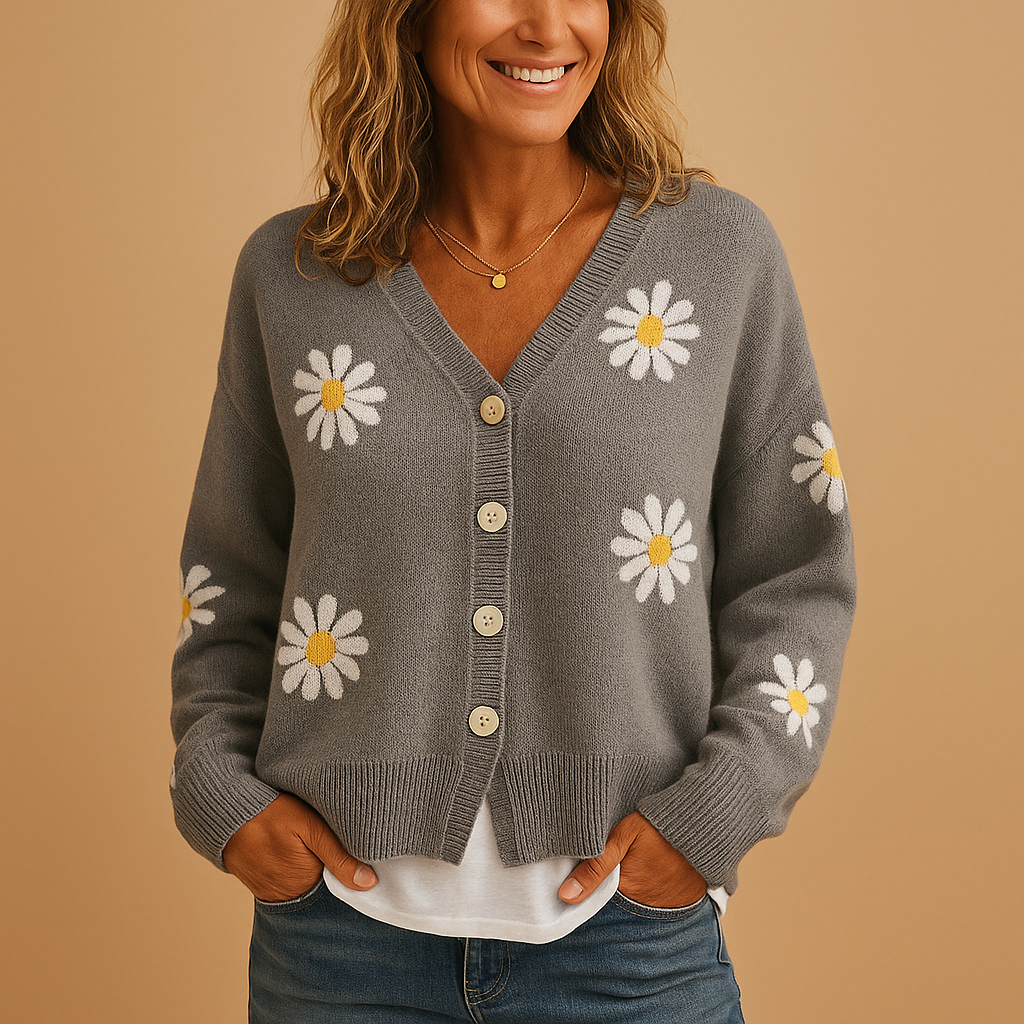 Knitted cardigan for women with floral pattern and button closure, available in Blue, Brown, Black, Grey, and Orange, perfect for autumn and winter layering.
