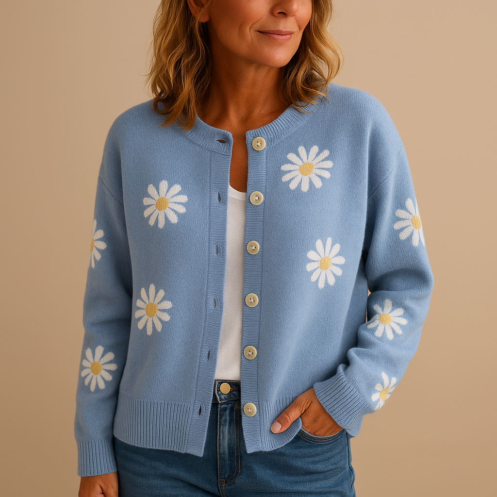 Knitted cardigan for women with floral pattern and button closure, available in Blue, Brown, Black, Grey, and Orange, perfect for autumn and winter layering.