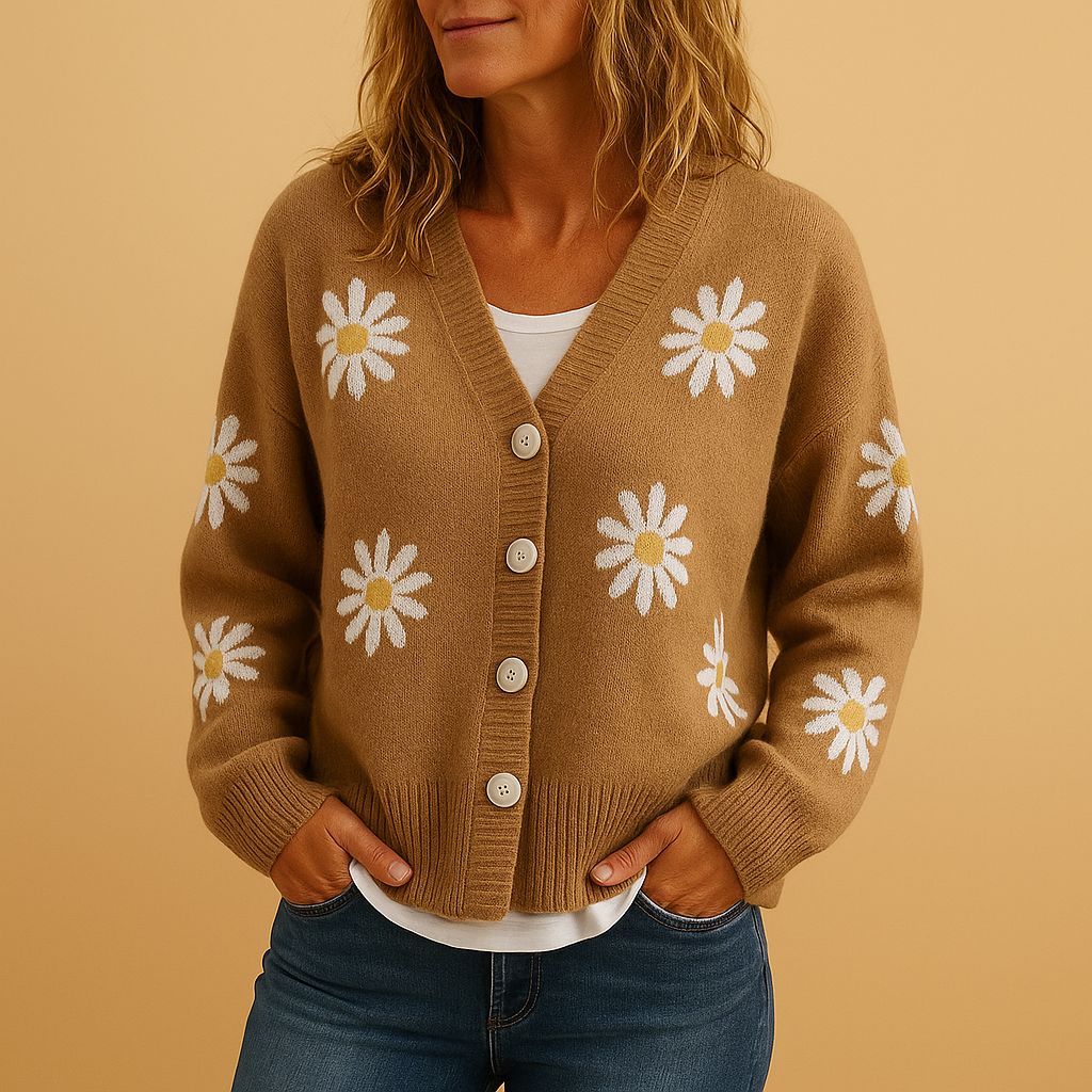 Knitted cardigan for women with floral pattern and button closure, available in Blue, Brown, Black, Grey, and Orange, perfect for autumn and winter layering.