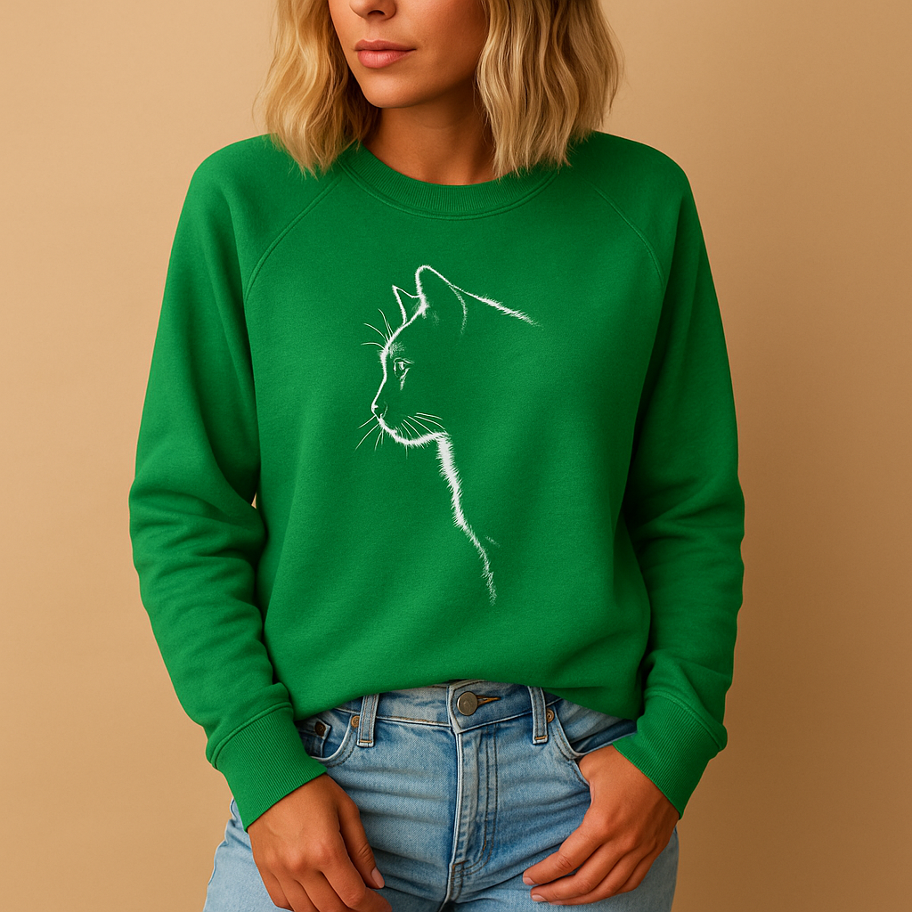 Women’s knitted sweater with playful cat print, relaxed fit, and soft cotton blend, available in black, blue, gray, green, and pink.