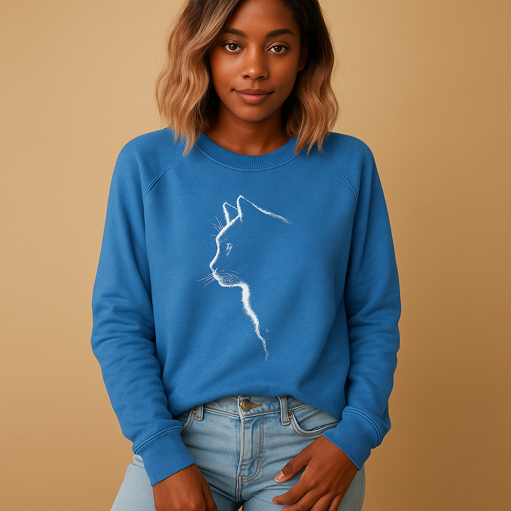 Women’s knitted sweater with playful cat print, relaxed fit, and soft cotton blend, available in black, blue, gray, green, and pink.