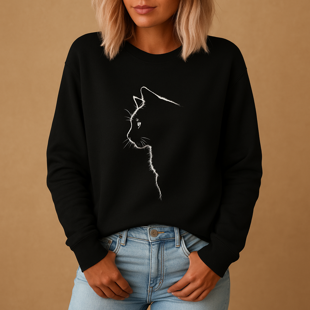 Women’s knitted sweater with playful cat print, relaxed fit, and soft cotton blend, available in black, blue, gray, green, and pink.
