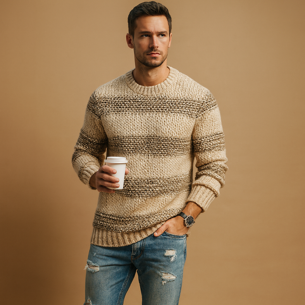 Warm knitted Nordic sweater for men with classic pattern and chunky texture, perfect for autumn and winter casual or smart looks.