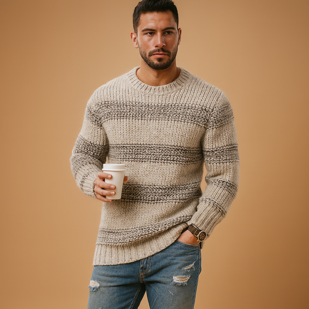 Warm knitted Nordic sweater for men with classic pattern and chunky texture, perfect for autumn and winter casual or smart looks.