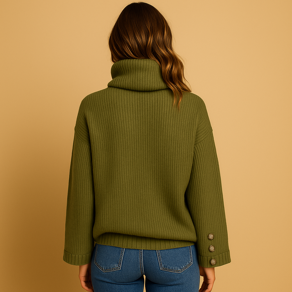 Women’s knitted turtleneck sweater with button detail, relaxed fit, and timeless design for cozy evenings or stylish daily winter wear.