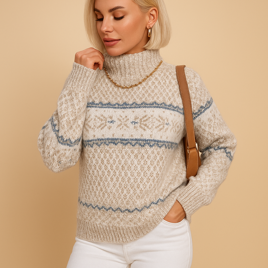 Women’s knitted turtleneck sweater with festive snowflake pattern in red, white, and navy, made from soft warm wool blend for cozy winter wear.