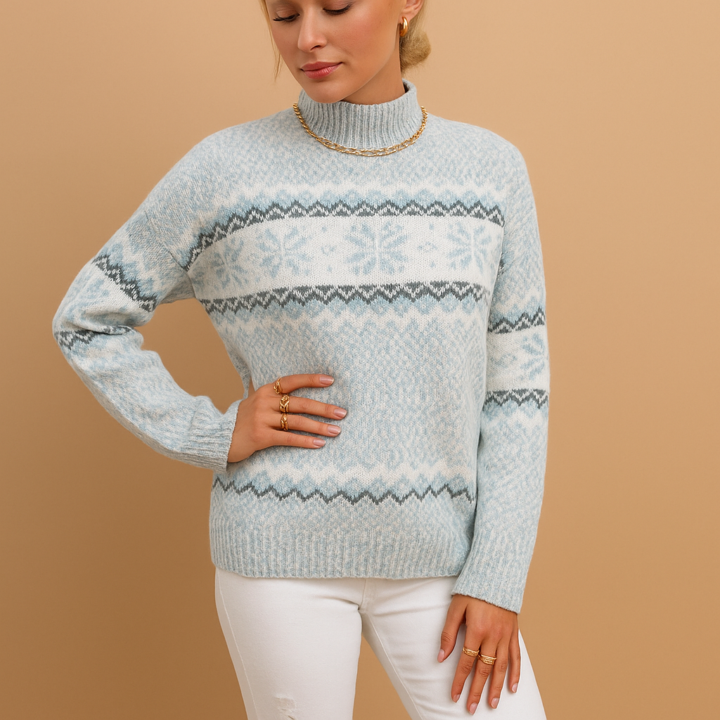 Women’s knitted turtleneck sweater with festive snowflake pattern in red, white, and navy, made from soft warm wool blend for cozy winter wear.