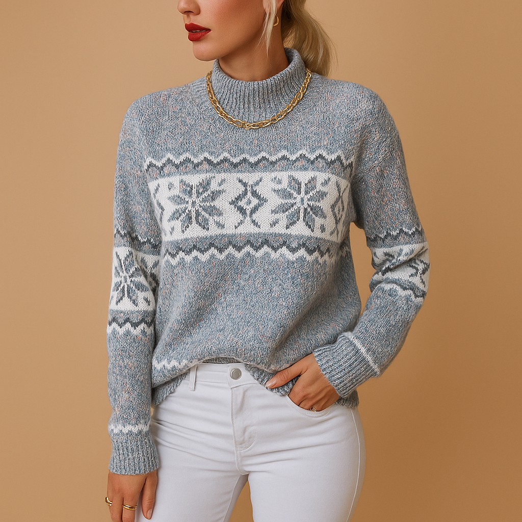 Women’s knitted turtleneck sweater with festive snowflake pattern in red, white, and navy, made from soft warm wool blend for cozy winter wear.