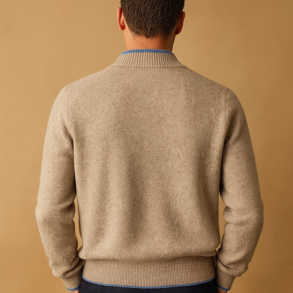 Knitted zip cardigan for men with ribbed collar and soft warm fit, ideal for casual or business outfits in autumn and winter.