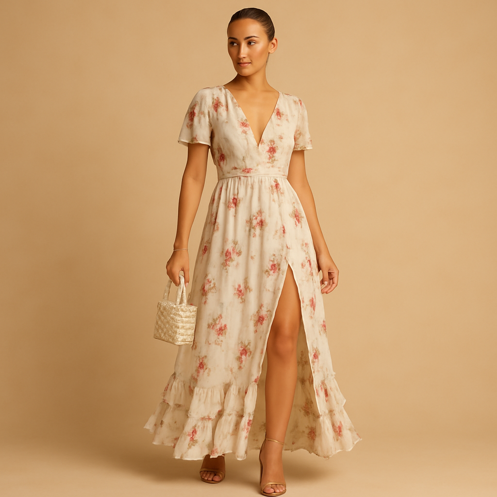 Women’s lace floral midi dress with refined neckline and elegant detailing, perfect for weddings, cocktail parties, and formal events.