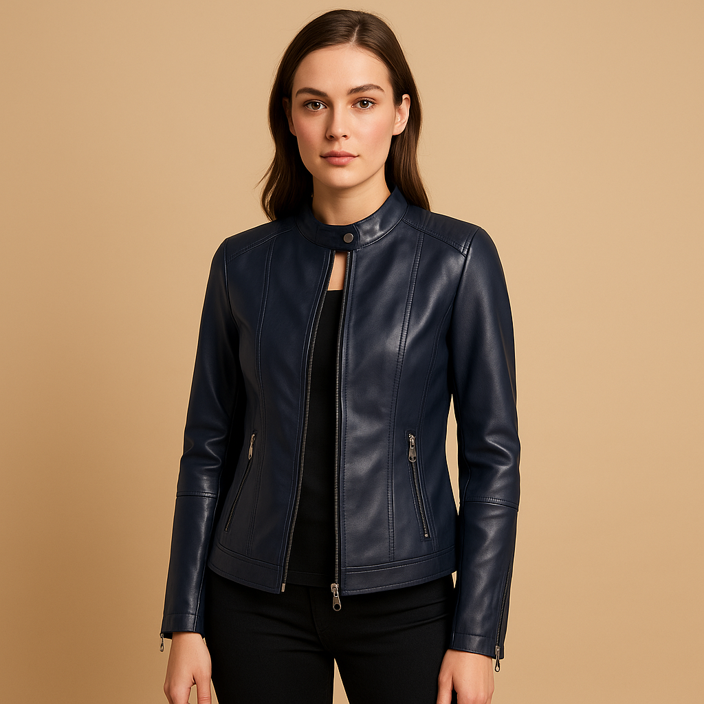 Leather biker jacket for women with tailored fit, symmetric zipper, metal details, and zip pockets. Ideal for casual or evening spring and autumn looks.