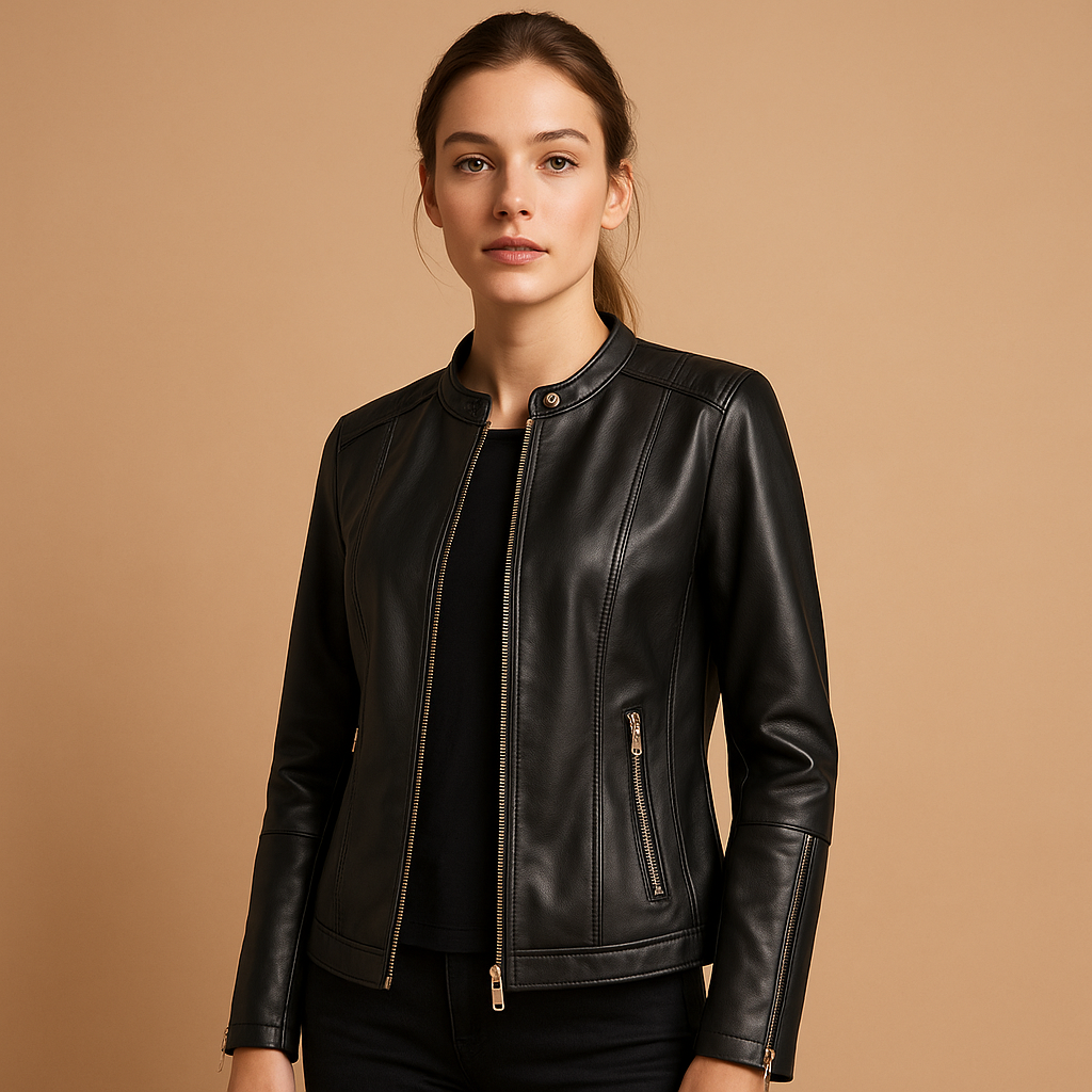 Leather biker jacket for women with tailored fit, symmetric zipper, metal details, and zip pockets. Ideal for casual or evening spring and autumn looks.