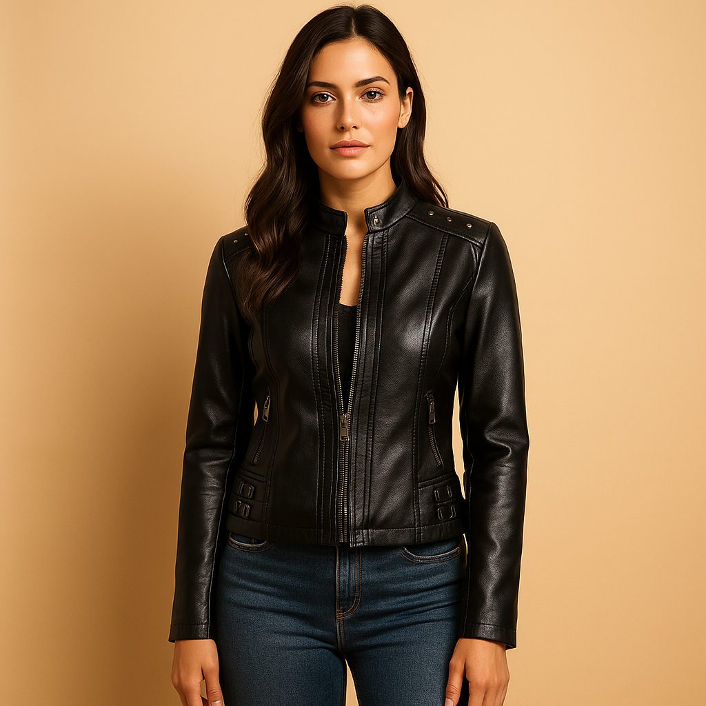 Leather biker jacket for women with structured fit, stand-up collar, shoulder studs, and metal accents. Ideal for city trips and casual chic outfits.