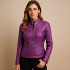 Women’s leather jacket with symmetrical zipper, snap-button collar, and versatile fit. Available in Black, Camel, Beige, and Wine Red. Perfect for autumn and spring.