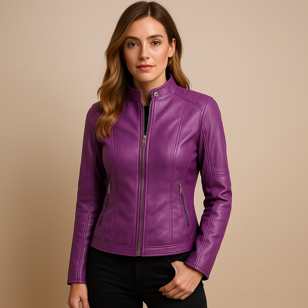 Women’s leather jacket with symmetrical zipper, snap-button collar, and versatile fit. Available in Black, Camel, Beige, and Wine Red. Perfect for autumn and spring.