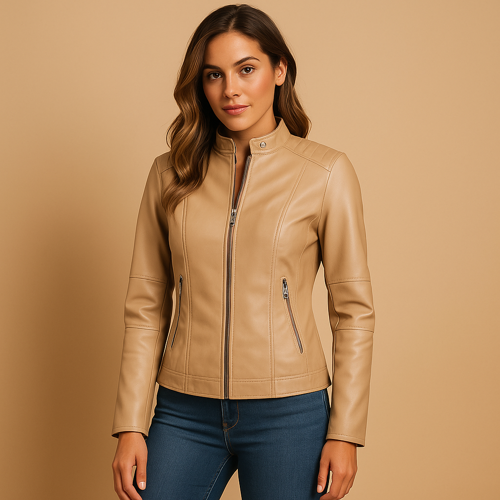 Women’s leather jacket with symmetrical zipper, snap-button collar, and versatile fit. Available in Black, Camel, Beige, and Wine Red. Perfect for autumn and spring.