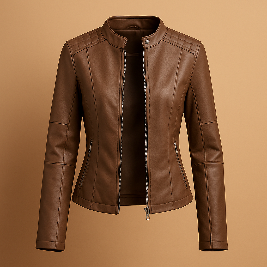 Women’s leather jacket with symmetrical zipper, snap-button collar, and versatile fit. Available in Black, Camel, Beige, and Wine Red. Perfect for autumn and spring.