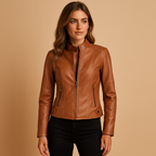 Women’s leather jacket with symmetrical zipper, snap-button collar, and versatile fit. Available in Black, Camel, Beige, and Wine Red. Perfect for autumn and spring.