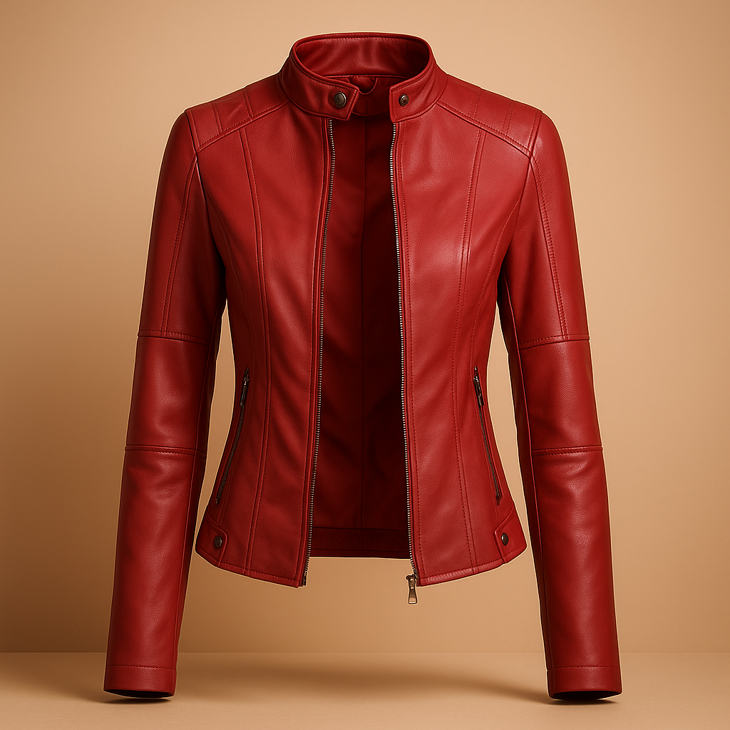 Women’s leather jacket with symmetrical zipper, snap-button collar, and versatile fit. Available in Black, Camel, Beige, and Wine Red. Perfect for autumn and spring.