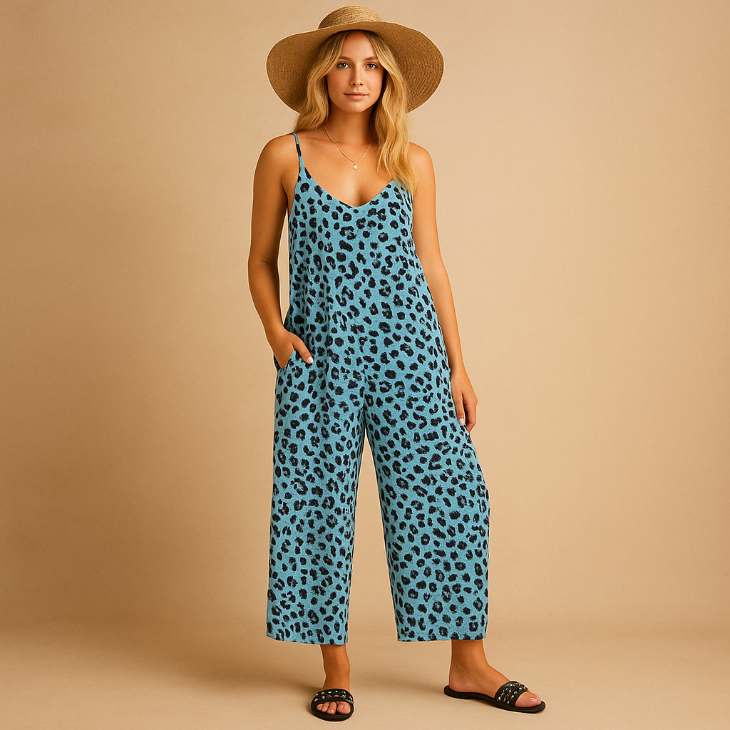 Leopard print halter jumpsuit for women with lightweight fabric and comfortable fit, perfect for summer vacations, casual wear, and sunny days.