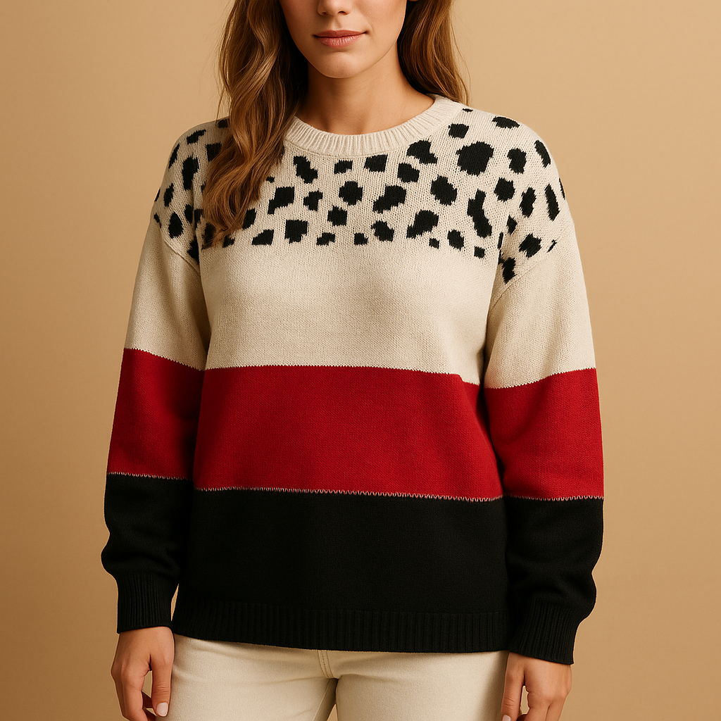 Women’s leopard print sweater in beige with black pattern, relaxed fit and breathable fabric. Ideal for casual chic outfits in every season.