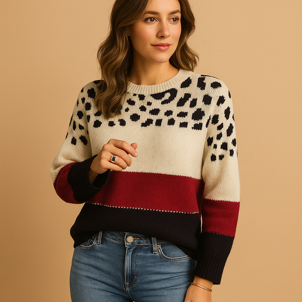 Women’s leopard print sweater in beige with black pattern, relaxed fit and breathable fabric. Ideal for casual chic outfits in every season.