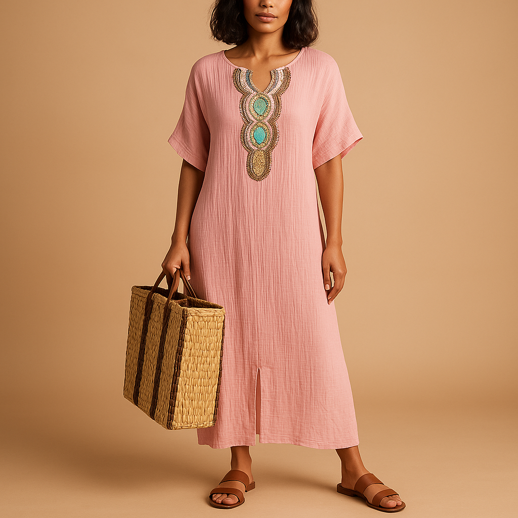 Light kaftan dress for women with a flowy fit and breathable fabric, perfect for summer beach days and elegant occasions.