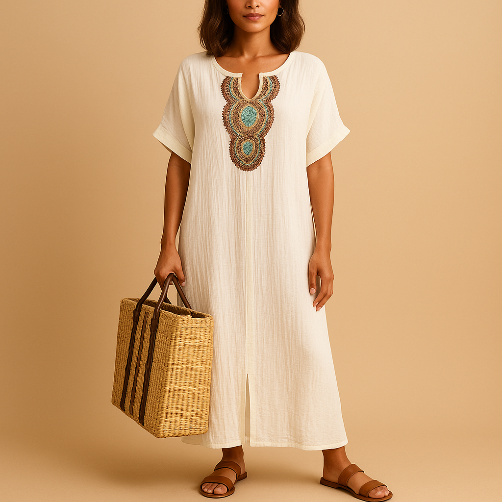 Light kaftan dress for women with a flowy fit and breathable fabric, perfect for summer beach days and elegant occasions.
