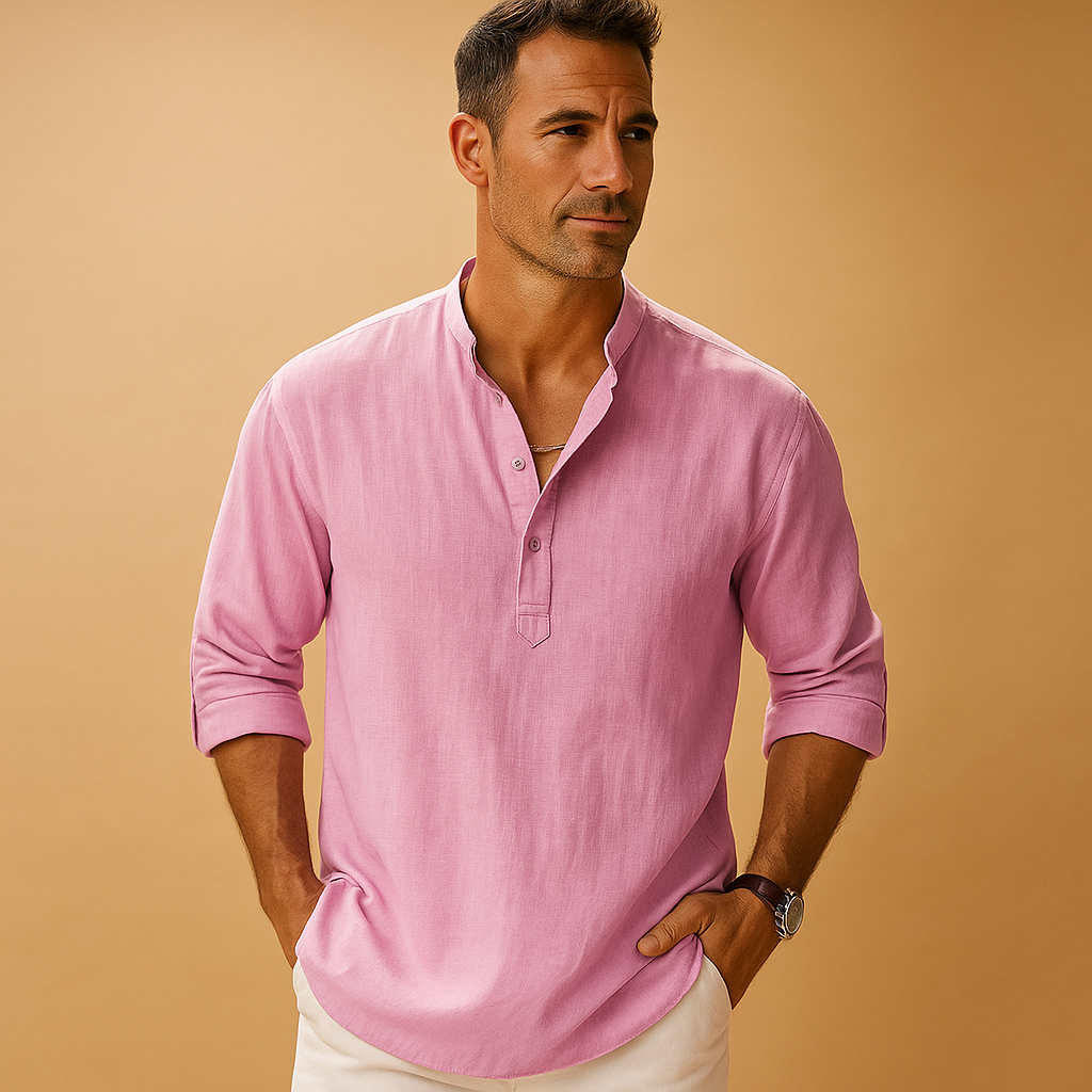 Men’s light long sleeve V-neck shirt with breathable fit, rollable sleeves, and modern cut. Available in White, Pink, Navy Blue, Grey, Blue, and Black.
