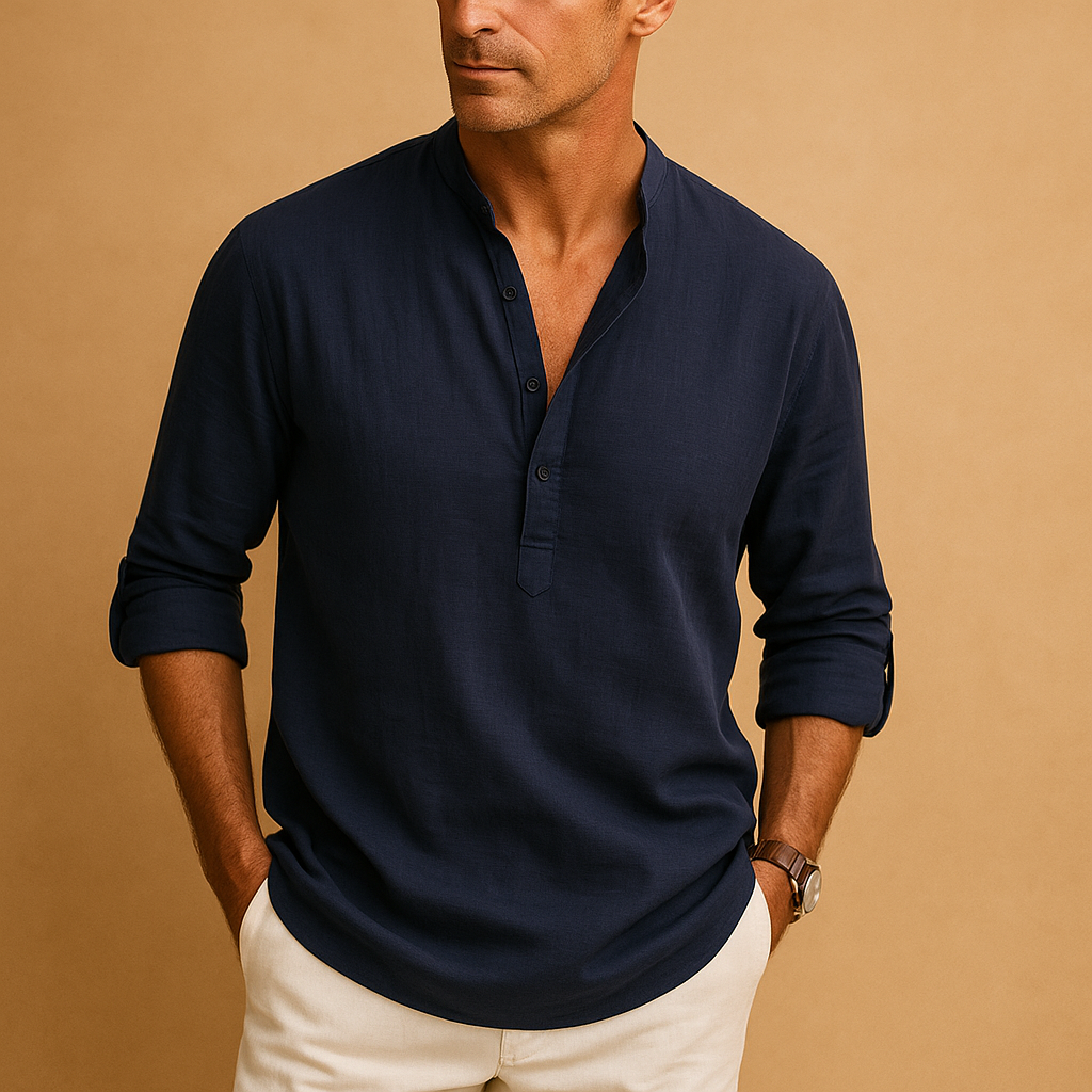 Men’s light long sleeve V-neck shirt with breathable fit, rollable sleeves, and modern cut. Available in White, Pink, Navy Blue, Grey, Blue, and Black.
